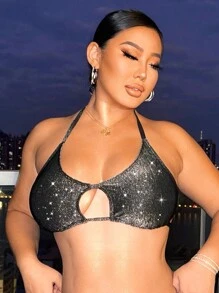 Swim SXY Top de traje de baño con empate y material brillante con lentejuelas para tallas grandes para el verano y la playa