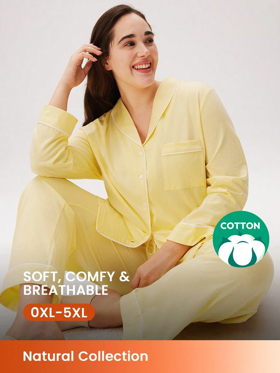LUVLETTE Women's Plus-Size Yellow Soft 100% Pure Cotton Basic Button-Up Top & Pants Loungewear Pajama Set Pants With Pockets Lounge Sets For Women Fall Pajamas Clothes,Spring And Summer - Yellow - View 1
