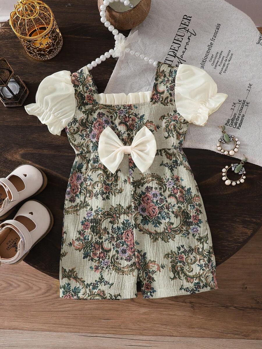 Infant & Baby Girl Ruffle Collar Floral Print Bowknot Romper With Ruffled Short Sleeve, Comfortable & Sweet, Suitable For Home & Outdoor, Spring/Summer/Autumn