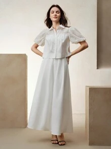 Anewsta 女式短款蕾丝拼布衬衫，休闲优雅，适合春夏季 - 白色 - 查看 5