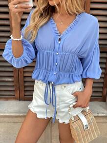 Breezaya Damen V-Ausschnitt Rüschen Chiffon Puffärmel Bluse, Frühling/Sommer - Blau - Übersicht 1