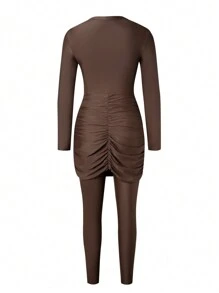 Swim Shayni Women 2 Pieces Set Casual Outfits Summer Vacation Beachwear, Round Neck Long Sleeve Dress+Loose Pants, Conservative Coffee Color Burkini Swimwear, For Women