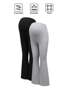 Modmama 2pcs Maternity High Waist Flared Pants, Solid Color Adjustable Waistband Pregnancy Trousers