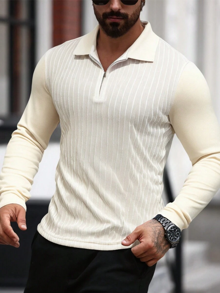 Manfinity Homme Men Casual Colorblock Patchwork Long Sleeve Polo Shirt, Fall - Apricot - View 1