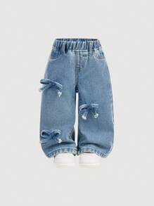 SHEIN Baby Mädchen süße Schleife Dekor Hellblau Denim Weit geschnittene Hose, Mädchen Herbst und Winter Kleidung - Helle Waschung - Übersicht 1