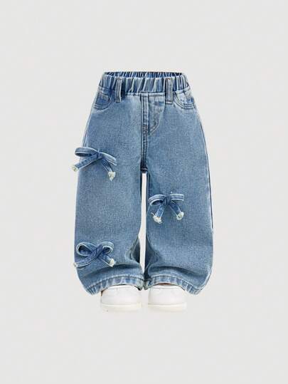 SHEIN Pantalones anchos de mezclilla azul con decoración de lazo adorable para bebés niñas, ropa de otoño e invierno para niñas