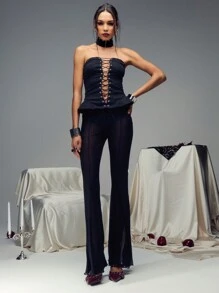 TypaGal Valentine 纯色系带拼接下摆抹胸上衣，配颈链