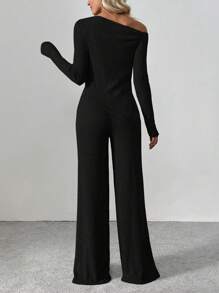 Flirla Tall 2pcs Women Winter Casual Asymmetrical Asymmetric Neck Fuzzy Tee + Wide Leg Lounge Pants Set Fall Cloth For Women - Black - View 2