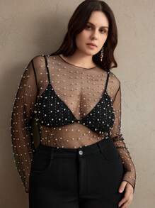 Anewsta Transparent Mesh Women's Plus Size Long Sleeved Summer Rhinestone Faux Pearl Top Spring For Women - Black - View 6