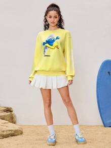 SHEIN X The Smurfs Felpa da donna casual con grafica a fumetti, scollo tondo e spalle scoperte - Giallo - Visualizzare 6