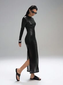 SHEIN EZwear Vestido de unicolor con abertura lateral para mujer - Negro - Ver 6