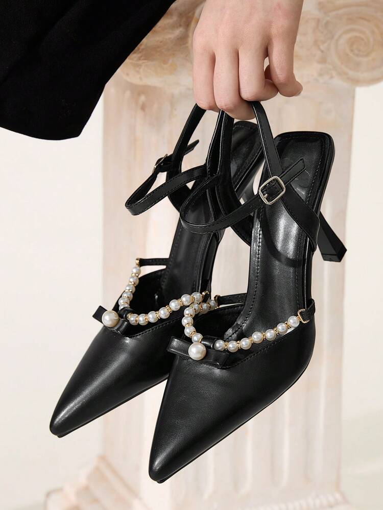 CUCCOO CHICEST Women Pearl Chain Hollow Bowknot Pointed Toe Stiletto Heels, Elegant Sweet Elegant Vintage Classic Black Open Back Pumps For Date, Afternoon Tea, Party