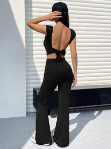 Muchica Women 2 Pieces Knitted Backless Top & Flare Leg Pants Set - Black - View 1
