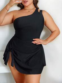 Swim Lushoire Plus Size Women One-Piece Casual Swimsuit With Strap Decor Summer - Black - View 4