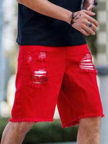 Manfinity Homme Short en jean décontracté à jambe droite avec détail de poche pour hommes - Rouge - Voir 1