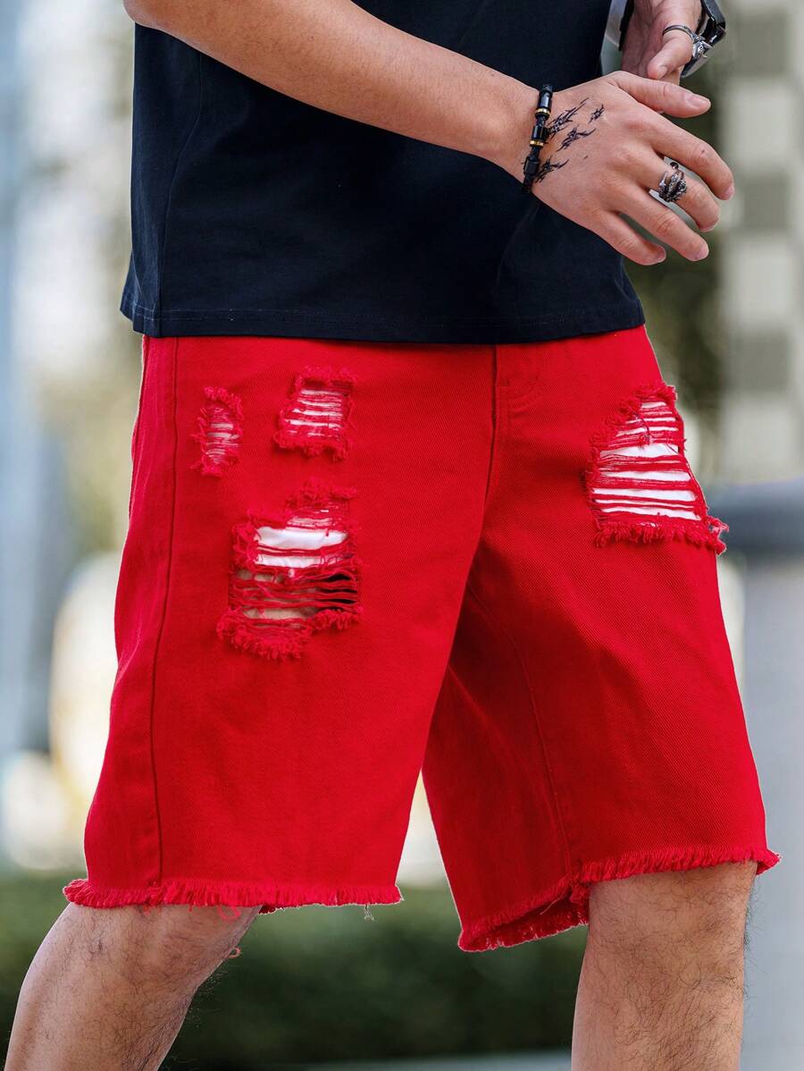 Manfinity Homme Short en jean décontracté à jambe droite avec détail de poche pour hommes - Rouge - Voir 1