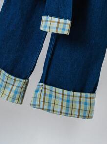 SHEIN 适合青少年男孩的复古洗水牛仔夹克和直筒牛仔裤套装，带格子翻领的休闲牛仔套装