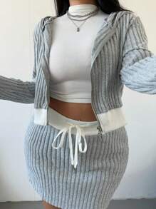 POPSWAY 2pcs/Set Plus Size Women Grey Casual Sport Pullover Sweatshirt And Mini Skirt Suit, Simple Style