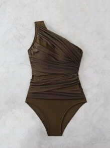 SHEIN Swim Damen Einteiliger Badeanzug mit Plissee, figurumspielend, ärmellos, einfarbig, für den Sommer - Braun - Übersicht 5