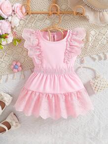 SHEIN Baby Mädchen süßer einfarbiger Rundhals Top mit Rüschenärmeln und A-Linien Blumenrock 2-teiliges Set, modischer Stil, aufwendiges Blumenmuster, verleiht lieblichen, süßen Charme, aus hochwertigen Stoffen gefertigt, A-Linien Design schmeichelt der Figur, zeigt elegante Anmut - Pink - Übersicht 8