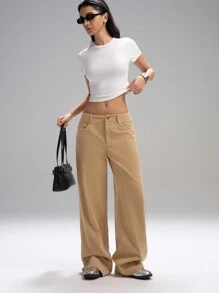 LYSMO Women's Solid Color Flap Pocket Loose Corduroy Pants - Khaki - View 5