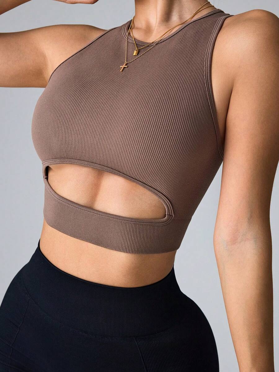 Easithlete Women Solid Color Round Neck Sleeveless Hollow-Out Slim Fit Sport T-Shirt & Tank Top - Khaki - View 1