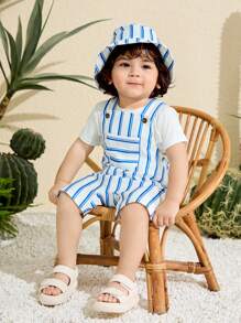 SHEIN 2pcs/Set Baby Boy Casual Cute Striped Jumpsuit With Hat Clothes, Suitable For Spring/Summer Home & Outdoor Wear