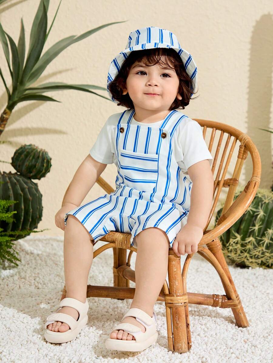 SHEIN 2pcs/Set Baby Boy Casual Cute Striped Jumpsuit With Hat Clothes, Suitable For Spring/Summer Home & Outdoor Wear