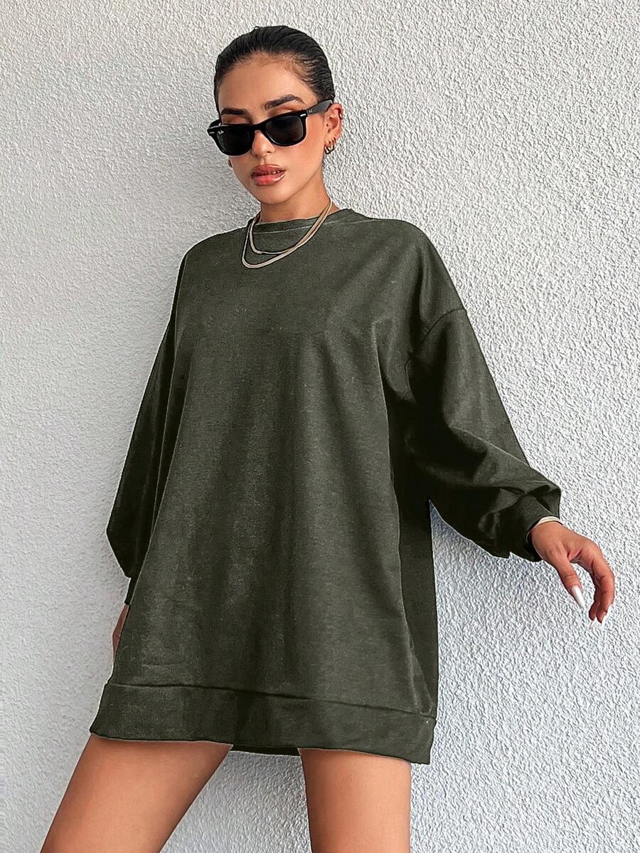 RueChic 100%Cotton Solid Drop Shoulder Sweatshirt Dress - Army Green - View 1