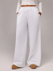 Forever 21 Autumn/Winter New Casual Thick Thermal Lined Loose High Waist Elastic Waistband Wide Leg Sweatpants - White - View 4
