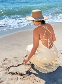 SHEIN VCAY Váy bó sát hở lưng cỡ lớn có họa tiết hoa - Màu be - Xem 3