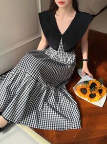 DAZY Women's Color Block Patchwork Plaid Sleeveless Dress,Casual Women Dresses Fall,Winter - Black - View 8