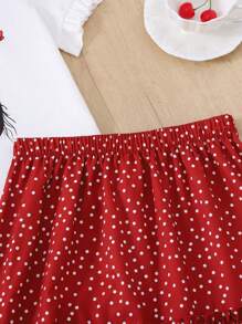 SHEIN Bộ 2 món áo thun dệt kim dễ thương thanh lịch cổ điển cho bé gái và váy dài in hoa, thích hợp cho kỳ nghỉ, thường ngày, lễ hội, ăn trưa, lễ hội âm nhạc, áo thun chấm bi và nơ có viền xếp nếp - Đỏ và trắng - Xem 3