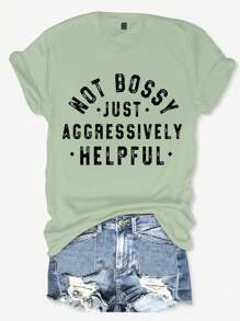 INAWLY Women's Printed Short Sleeve T-Shirt With Slogan NOT BOSSY JUST AGGRESSIVELY HELPFUL Graphic Tees Women Tops - Mint Green - View 3