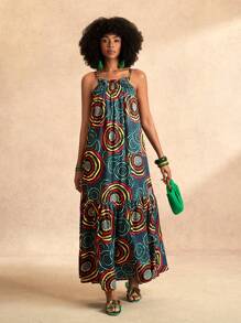 Slaydiva Beach New Spring And Summer Holiday Suspender Neck Pleated Sleeveless A-Hem Cake Skirt Pattern Dark Green Red Ring Pattern Printed Women's Maxi Dress