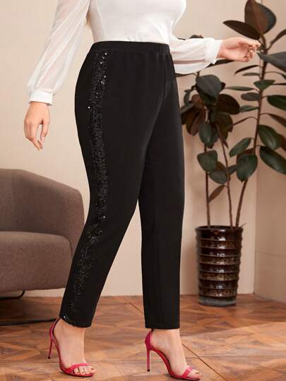 SHEIN Privé Plus Sequin Panel Solid Pants