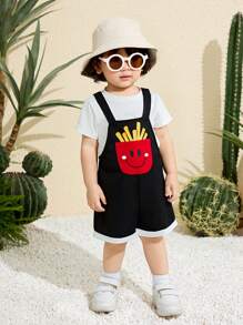 SHEIN Casual Sports Cute & French Fries Pattern Drop Shoulder Loose Knitted Romper Suitable For Baby Boys And Baby Girls, Spring/Summer Wear, Indoor And Outdoor