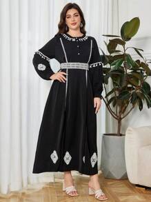 Lacomfia Rochie cu mânecă lanternă pentru femei de mărime mare, cu nod, cataramă - Negru - Vizualizare 5