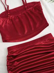 2pcs Set Women's Wine Red Satin Strapless Cropped Top & Ruched Bodycon Skirt - Burgundy - View 7