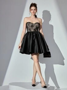SHEIN Belle Damen elegantes Spitzen-Patchwork trägerloses Kleid für formelle Anlässe, Damen luxuriöses langes Abendkleid, Abschlussballkleid, Hochzeitsgast-Kleid, Partykleid, Abiballkleid - Schwarz - Übersicht 7
