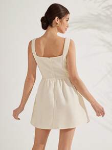 Aveloria Rosie Ivory Vintage Italian Style Button Decor Square Collar Patchwork Tweed Flare Dress For Women - Apricot - View 2