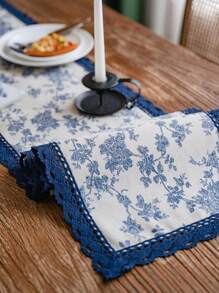 French Luxurious Vintage Printed Table Runner, Navy Blue Lace Edge Rectangle Tablecloth, Multi-Purpose Decorative Cover Cloth For Daily Gathering, Birthday Party, Table Decor,Fall Decor,Autumn Decor,Room Decor - Blue and White - View 5