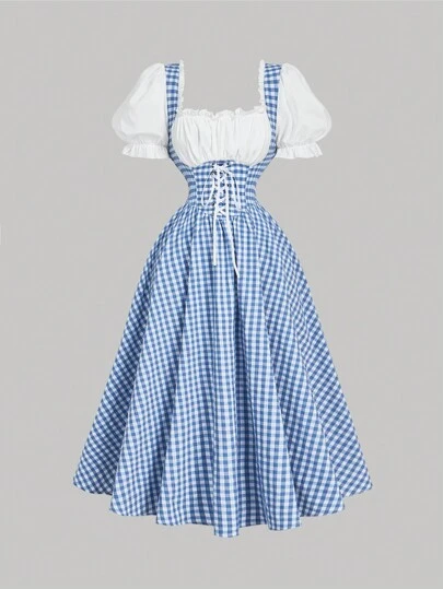 SHEIN MOD 复古蓝色格子拼接连衣裙，适合女性穿着，春季连衣裙，度假装，夏季装，西部风女装，乡村风装扮，海滩度假装，波西米亚风连衣裙，复活节连衣裙，复古富贵风