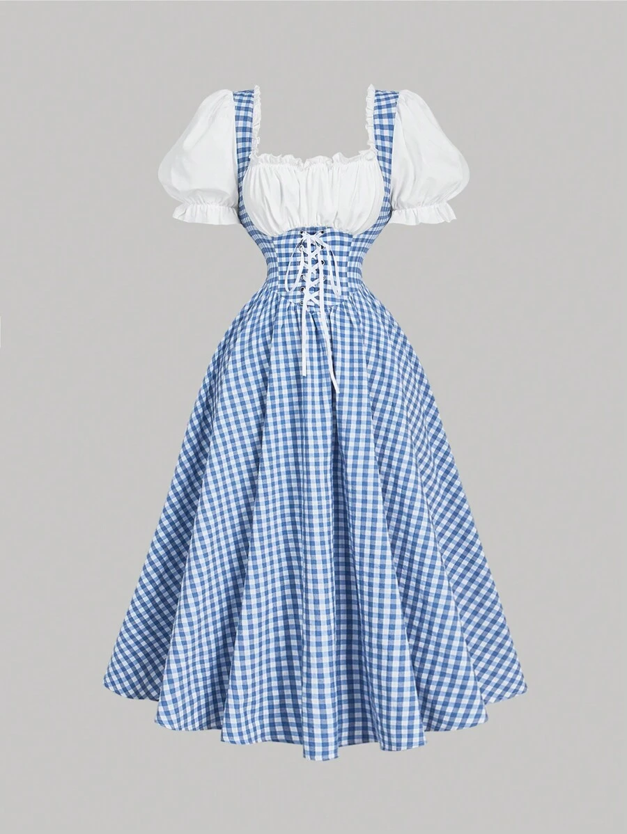 SHEIN MOD 复古蓝色格子拼接连衣裙，适合女性穿着，春季连衣裙，度假装，夏季装，西部风女装，乡村风装扮，海滩度假装，波西米亚风连衣裙，复活节连衣裙，复古富贵风
