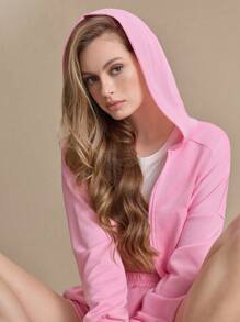Women Solid Color Long Sleeve Zip-Up Hooded Sports Jacket
