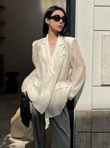 DAZY Women's Plain Front Button Closure Long Sleeve Pocket Casual Blazer Jacket,Fall Clothes Business Attire - Beige - View 6