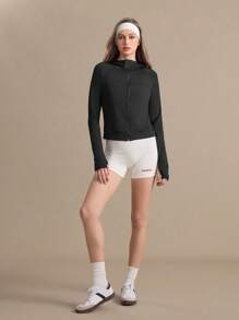 Gameset SHEIN Sport 女士纯色斜口袋前拉链连帽运动夹克 - 黑色 - 查看 5