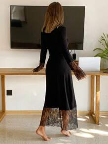 Livesso Charming Lace Patchwork Cinched Waist Women's Long Nightgown, Spring & Summer, Pajama, Fall, Winter - Black - View 2