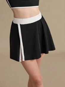 女士拼色侧开衩下摆休闲运动短裙网球裙 - 黑與白 - 查看 5