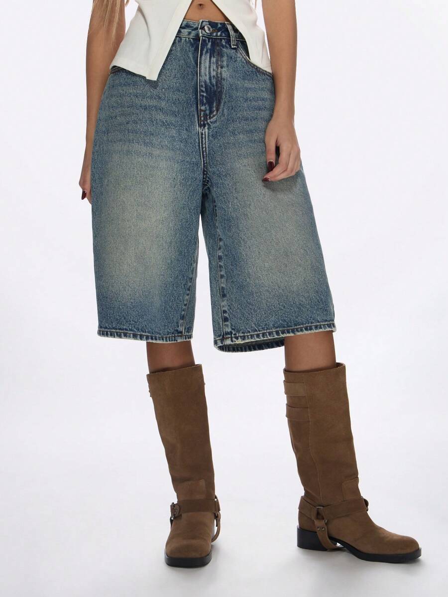 MISSGUIDED Relaxed Fit Denim Culotte Shorts High Rise Wide Leg Casual Summer Bermuda Jorts With Raw Hem Street Style Fashion Bottoms - Blue - View 1